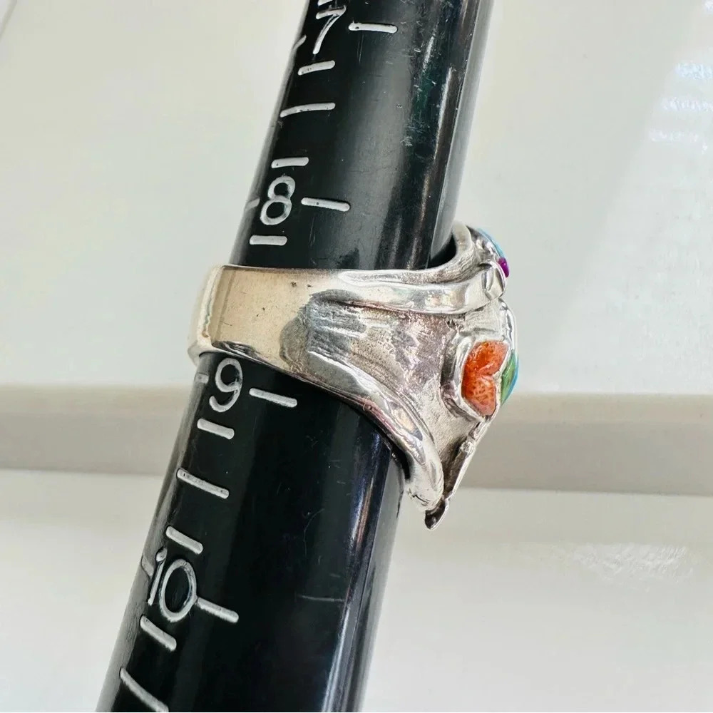 Handmade Sterling Silver & Multi Stone Inlay
Skull/Pilot/Biker/Rocker Ring - Picture 8 of 9